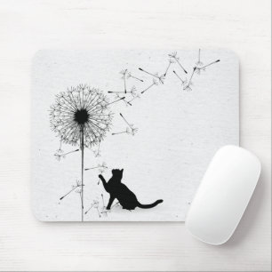 Black Cat and Dandelion Seeds Mouse Mat