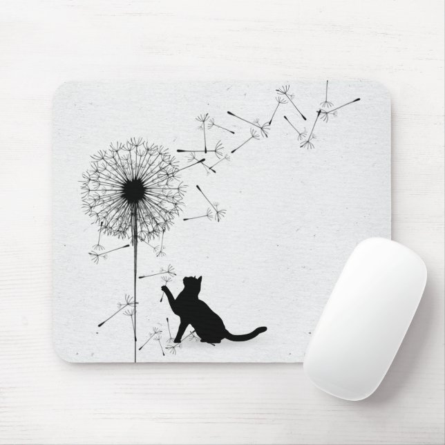 Black Cat and Dandelion Seeds Mouse Mat (With Mouse)