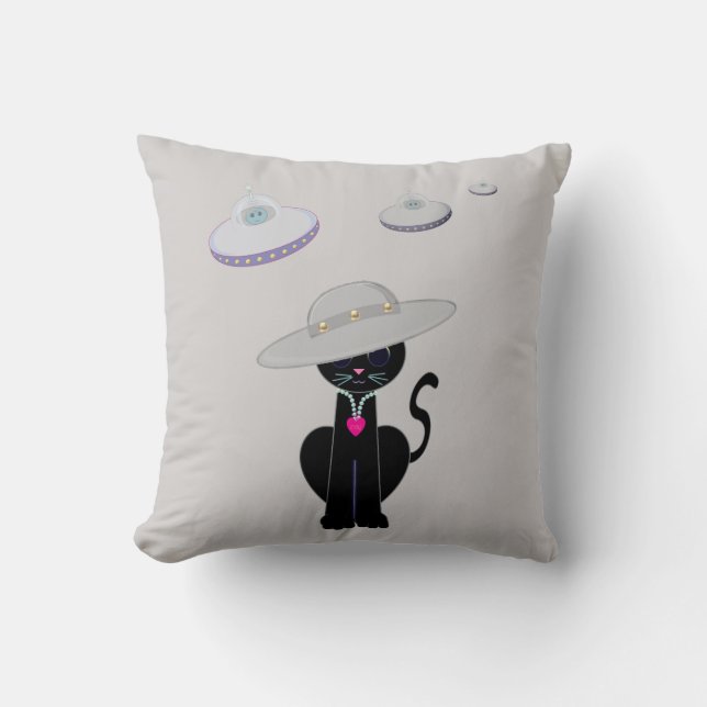 Black Cat and Flying Saucers Cushion (Front)