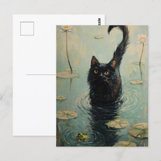 Black Cat and Frog in Lily Pond Postcard
