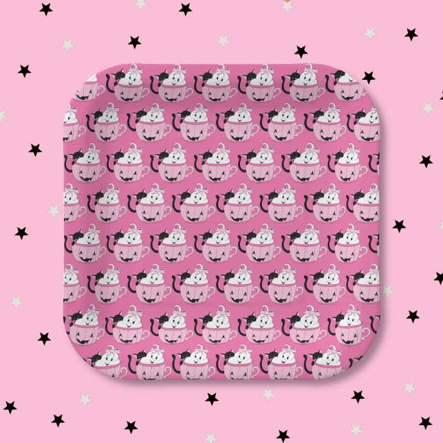 Black Cat and Ghost Pattern Pink Paper Plate  (Cute black cat and ghost pattern Halloween square pink paper plate .)