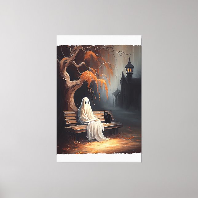 Black Cat And Ghost Sitting On Bench Halloween Dar Canvas Print (Front)
