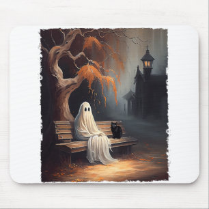 Black Cat And Ghost Sitting On Bench Halloween Dar Mouse Mat