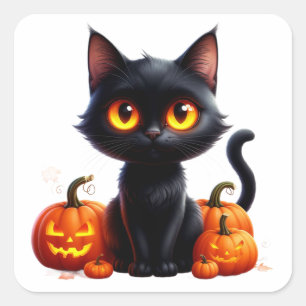 Black Cat and Gloving Pumpkins Square Sticker