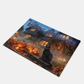 Black Cat And Glowing Carved Pumpkins  Doormat