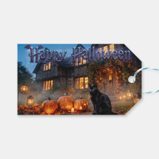 Black Cat And Glowing Carved Pumpkins  Gift Tags