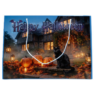 Black Cat And Glowing Carved Pumpkins  Large Gift Bag