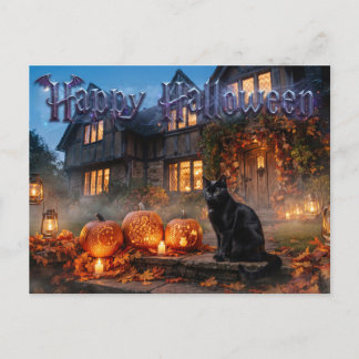 Black Cat And Glowing Carved Pumpkins  Postcard