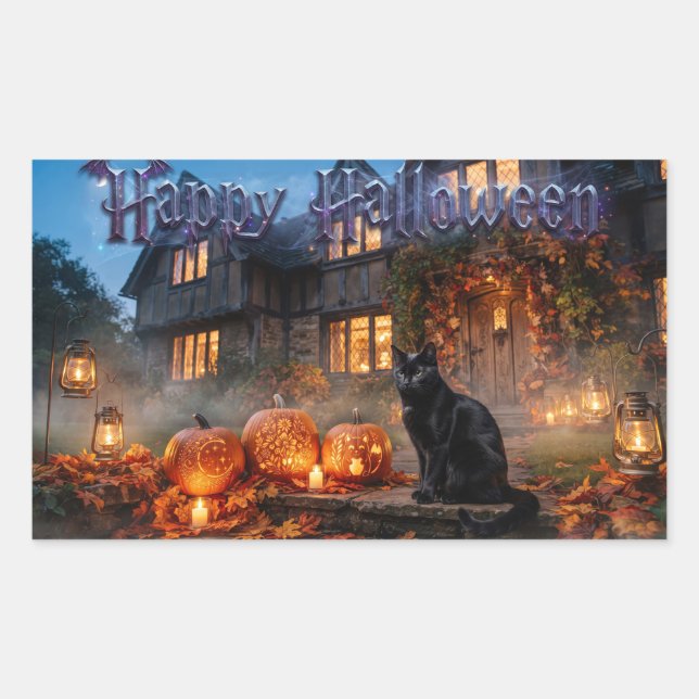 Black Cat And Glowing Carved Pumpkins  Rectangular Sticker (Front)