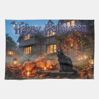 Black Cat And Glowing Carved Pumpkins  Tea Towel