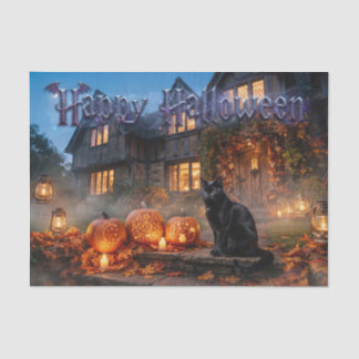 Black Cat And Glowing Carved Pumpkins  Tissue Paper