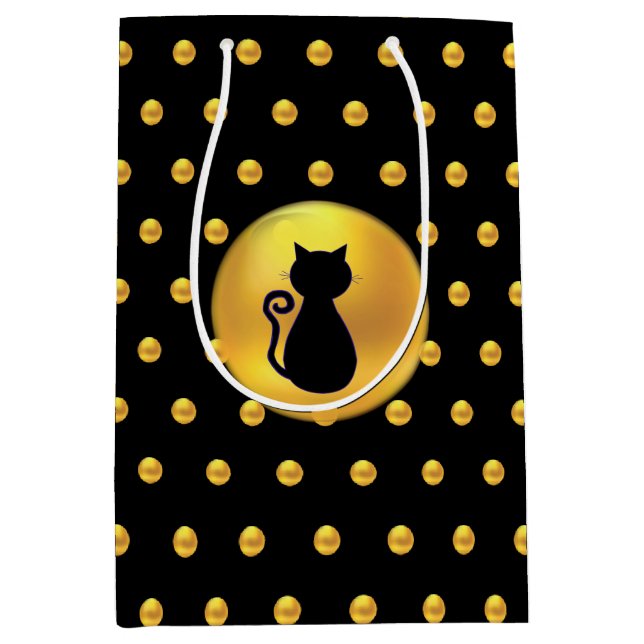 Black Cat and Gold Polka Dots Medium Gift Bag (Front)