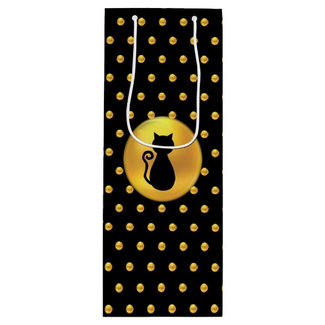 Black Cat and Gold Polka Dots Wine Gift Bag (Front)