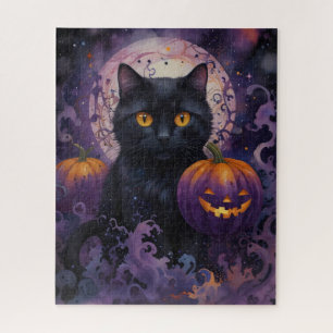 Black Cat and Halloween Pumpkins on Moonlight Jigsaw Puzzle