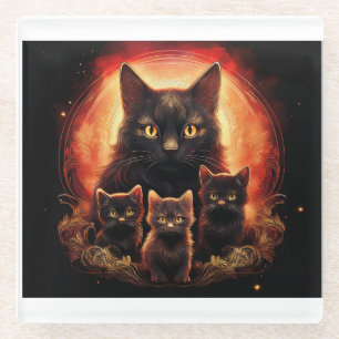 Black Cat And Her Three Kittens Glass Coaster