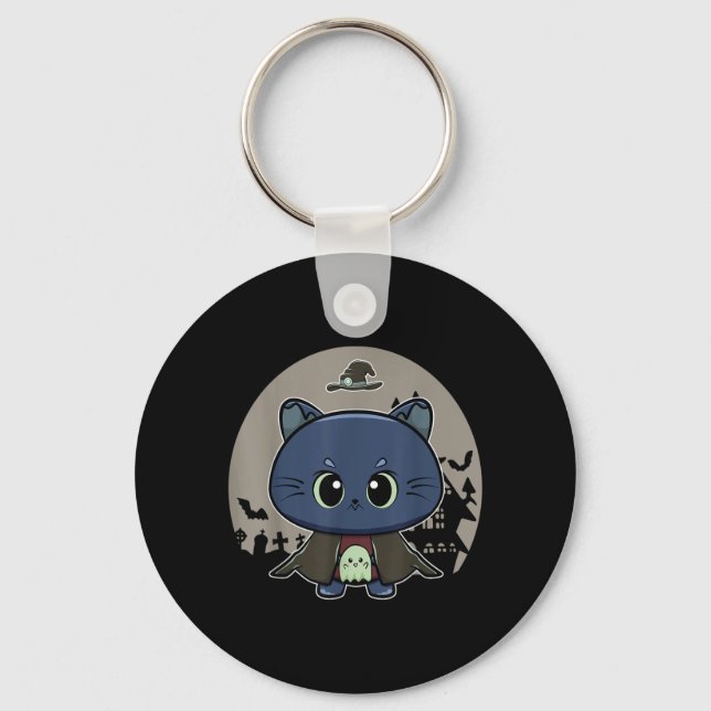 Black Cat And Horror Witch Feline For Halloween Key Ring (Front)