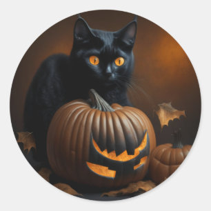 Black Cat and Jack-O-Lantern Classic Round Sticker
