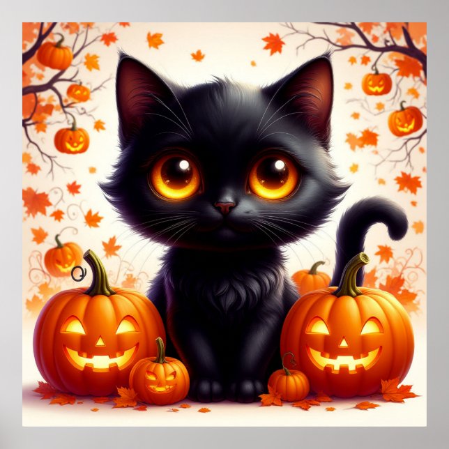 Black Cat And Jack O Lantern Fall Display 🍂 Poster (Front)