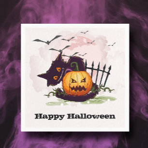 Black Cat and Jack o' Lantern Halloween Napkin
