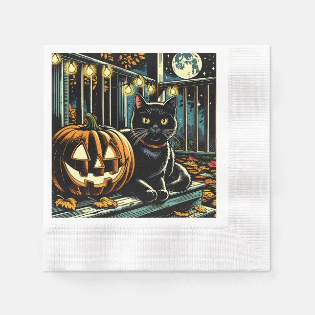 Black Cat and Jack-O-Lantern Halloween Napkin (Front)