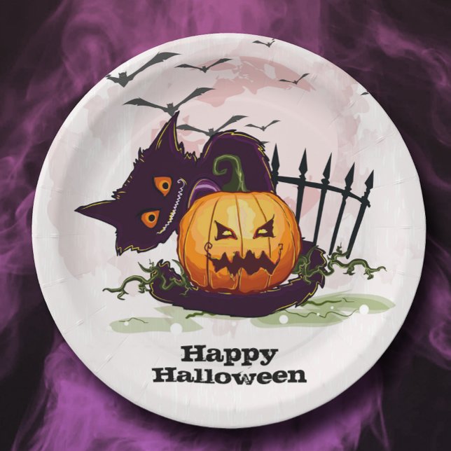 Black Cat and Jack o' Lantern Halloween Paper Plate (Black Cat and Jack o' Lantern Happy Halloween Paper Plates)