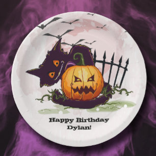 Black Cat and Jack o' Lantern Halloween Paper Plate