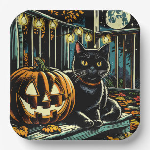 Black Cat and Jack-O-Lantern Halloween Paper Plate