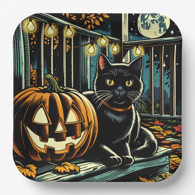 Black Cat and Jack-O-Lantern Halloween Paper Plate (Front)
