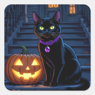 Black Cat and Jack-O-Lantern Halloween Square Sticker