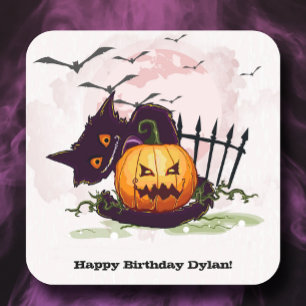 Black Cat and Jack o' Lantern Halloween Square Sticker