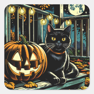 Black Cat and Jack-O-Lantern Halloween Square Sticker