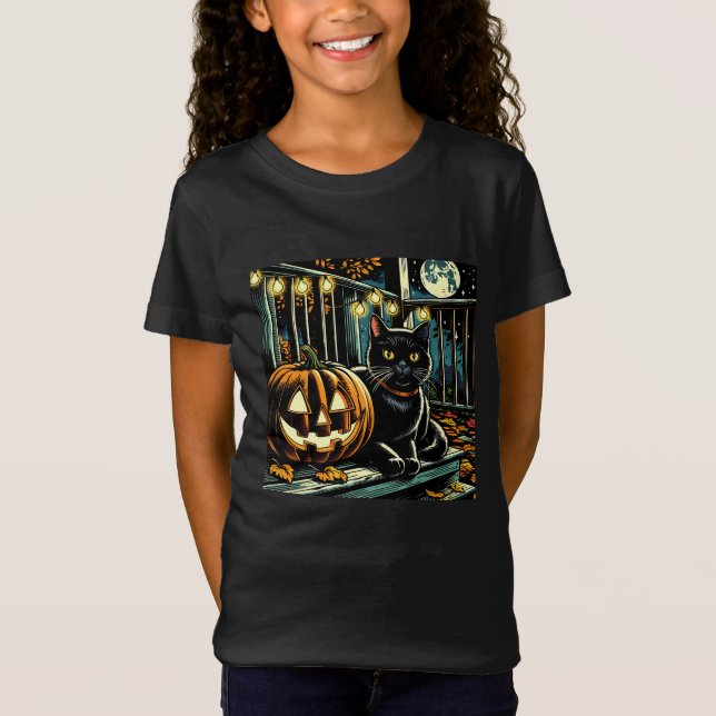 Black Cat and Jack-O-Lantern Halloween T-Shirt (Front)