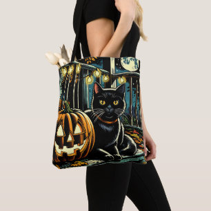 Black Cat and Jack-O-Lantern Halloween Tote Bag