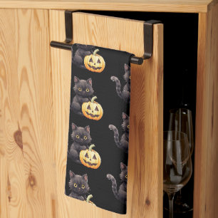 Black Cat and Jack-O' Lantern Pattern Halloween Tea Towel