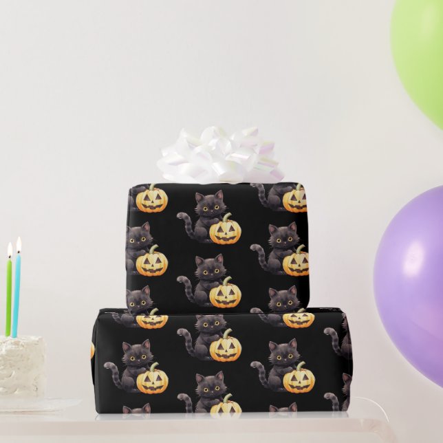 Black Cat and Jack-O' Lantern Pattern Halloween Wrapping Paper (Party Gifts)