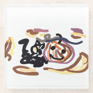 Black Cat and Jack O Lantern Smile latte Glass Coaster