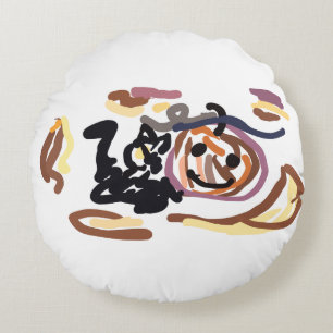 Black Cat and Jack O Lantern Smile latte Round Cushion