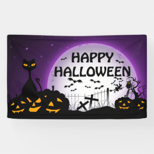 Black cat and Jack o Lanterns black and purple Banner