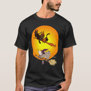 Black Cat And Mouse Ride Broom Moon Halloween Hall T-Shirt
