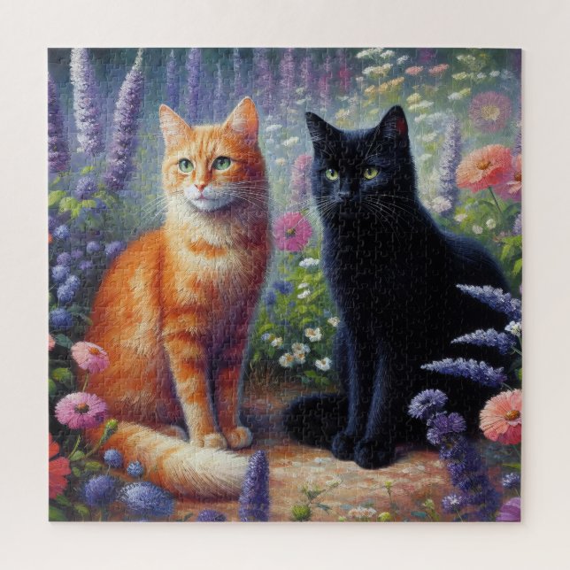 Black Cat and Orange Cat with Wildflowers Jigsaw Puzzle (Vertical)