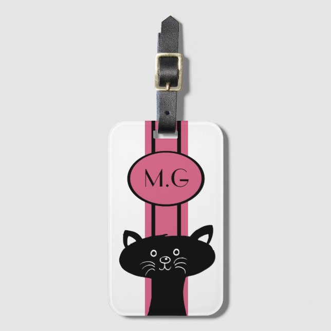 Black Cat and Pink Stripe Monogram Luggage Tag (Front Vertical)