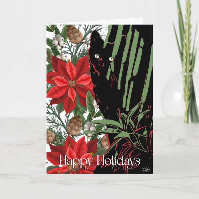 Black Cat and Poinsettia Design  Holiday Card (Front)