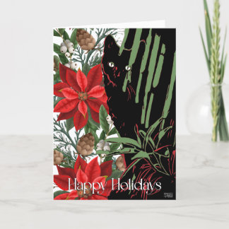 Black Cat and Poinsettia Design  Holiday Card