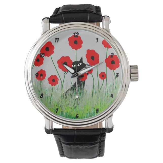 Black Cat and Poppies Watch (Front)