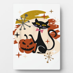 Black Cat and Pumpkin Atomic Retro Halloween T-Shi Plaque