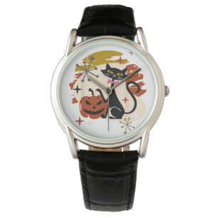 Black Cat and Pumpkin Atomic Retro Halloween T-Shi Watch
