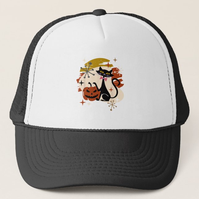 Black Cat and Pumpkin Atomic Retro Halloween Trucker Hat (Front)