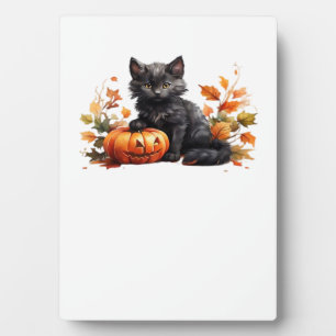Black Cat and Pumpkin – Cute Halloween Watercolor Plaque