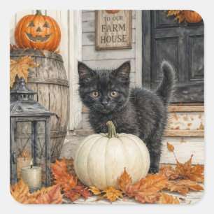 Black Cat and Pumpkin Farmhouse Halloween Square Sticker