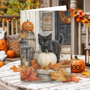 Black Cat and Pumpkin Halloween Colouring Page Card